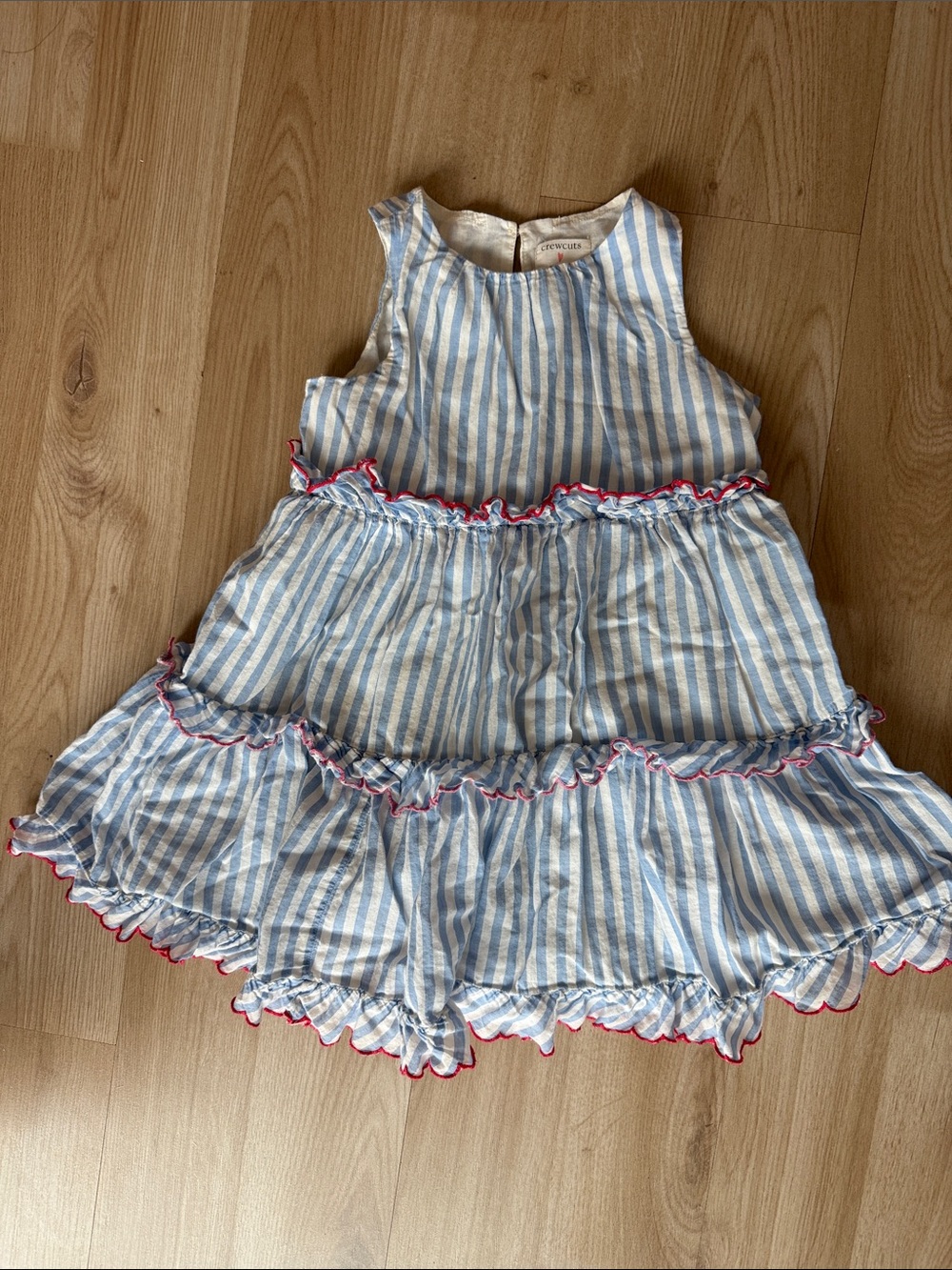 Crewcuts Blue & White Striped Tiered Dress with Red Trim
